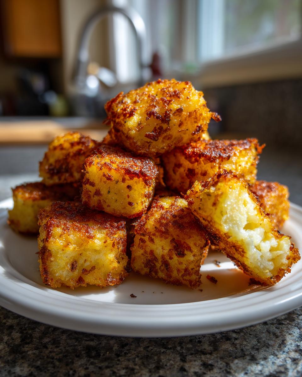 A stack of golden brown, crispy breakfast potatoes cubes piled high on a white plate.