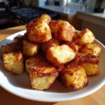 A pile of perfectly crispy, golden brown breakfast potatoes served on a white plate in bright sunlight.