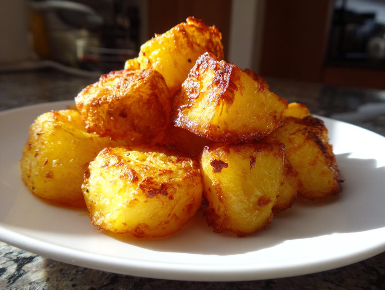 A close-up of golden brown, crispy breakfast potatoes piled high on a white plate, ready to eat.