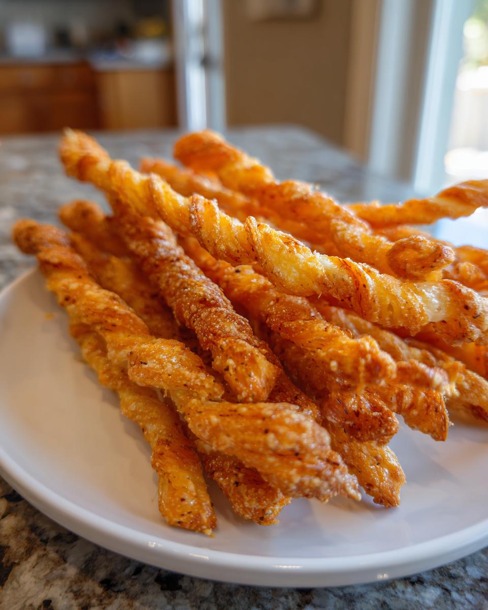 A close-up of a pile of golden brown, crispy cheese straws seasoned with spices, served on a white plate.
