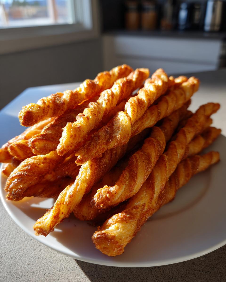 A generous pile of golden brown, flaky, twisted cheese straws resting on a white plate.