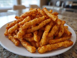A generous pile of golden, crispy cheese straws seasoned with spices, served on a white plate.