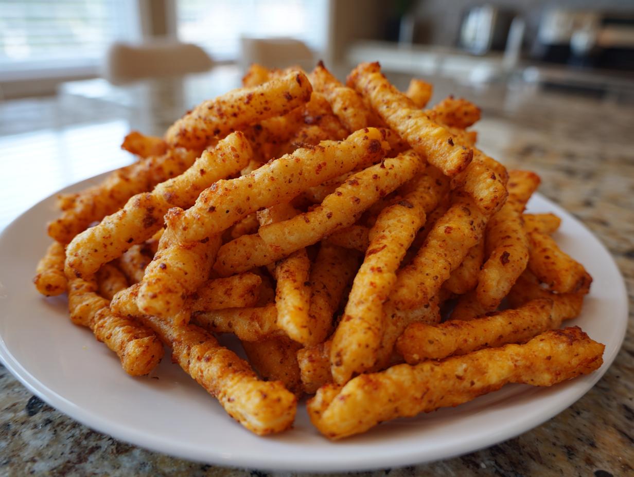 A generous pile of golden, crispy cheese straws seasoned with spices, served on a white plate.