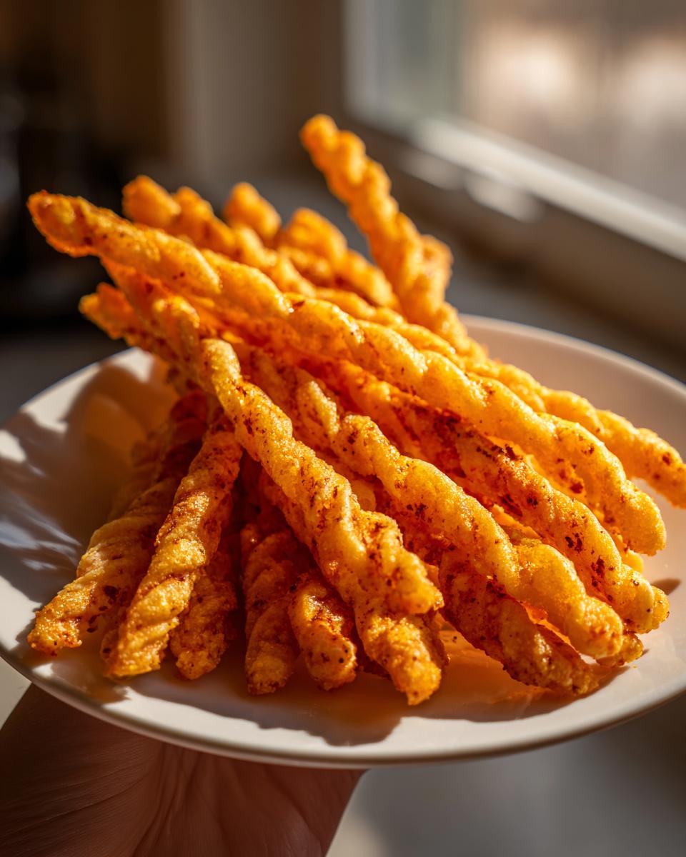 A hand holds a white plate piled high with golden, twisted, crispy cheese straws, seasoned with paprika.