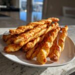 A pile of freshly baked, golden brown, twisted cheese straws dusted with melted cheese.