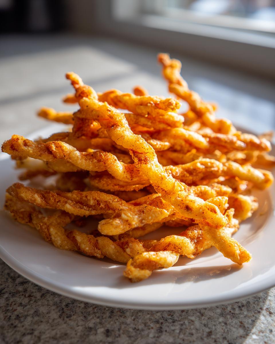 A close-up stack of golden, twisted, crispy cheese straws seasoned with paprika, served on a white plate.