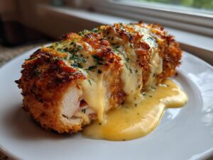 A perfectly cooked chicken cordon bleu, sliced open to show ham and cheese, topped with melted cheese sauce and parsley.