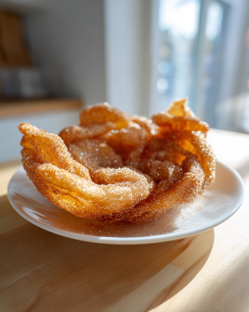 A golden brown, crispy buñuelos pastry heavily coated in cinnamon sugar, resting on a small white plate.