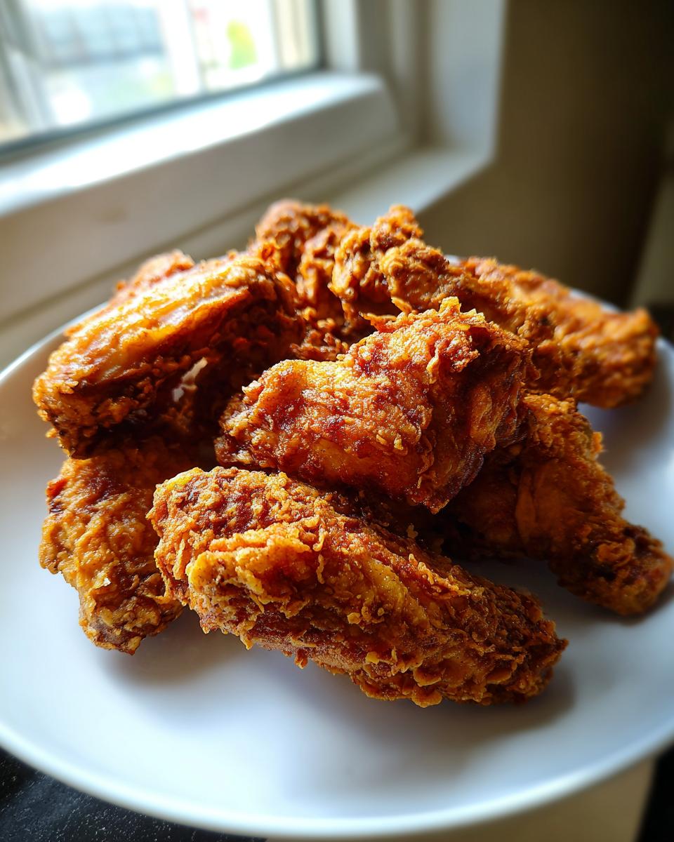 A close-up of several perfectly golden and crispy fried chicken wings piled high on a white plate.