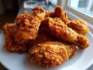 A close-up of several golden-brown, crispy fried chicken wings piled high on a white plate, backlit by a window.