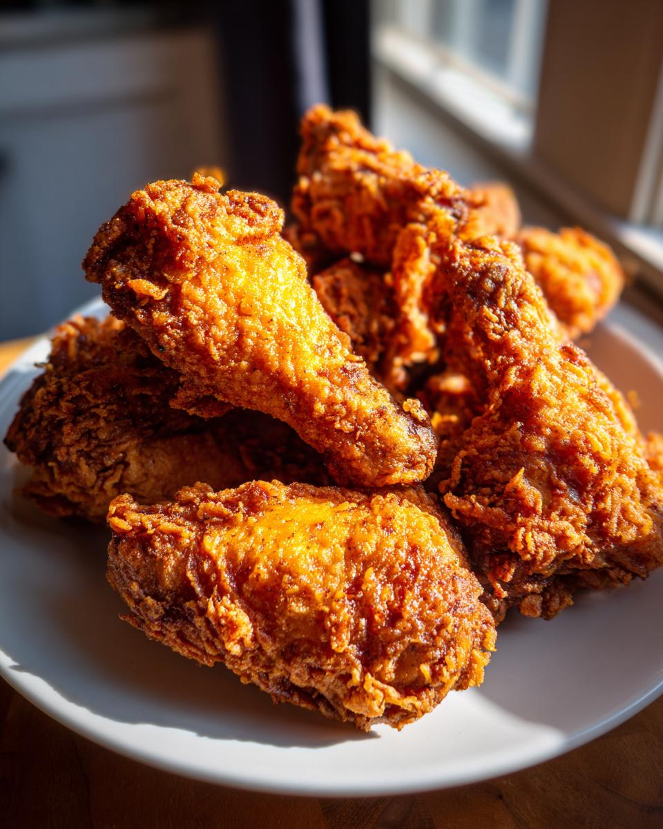 A close-up shot of a pile of golden brown, crispy fried chicken wings basking in bright sunlight.