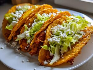 A close-up of four crispy, golden-fried potato tacos topped with shredded lettuce and crumbled white cheese.