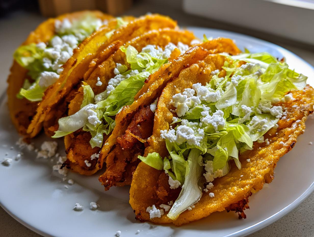 A close-up of four crispy, golden-fried potato tacos topped with shredded lettuce and crumbled white cheese.