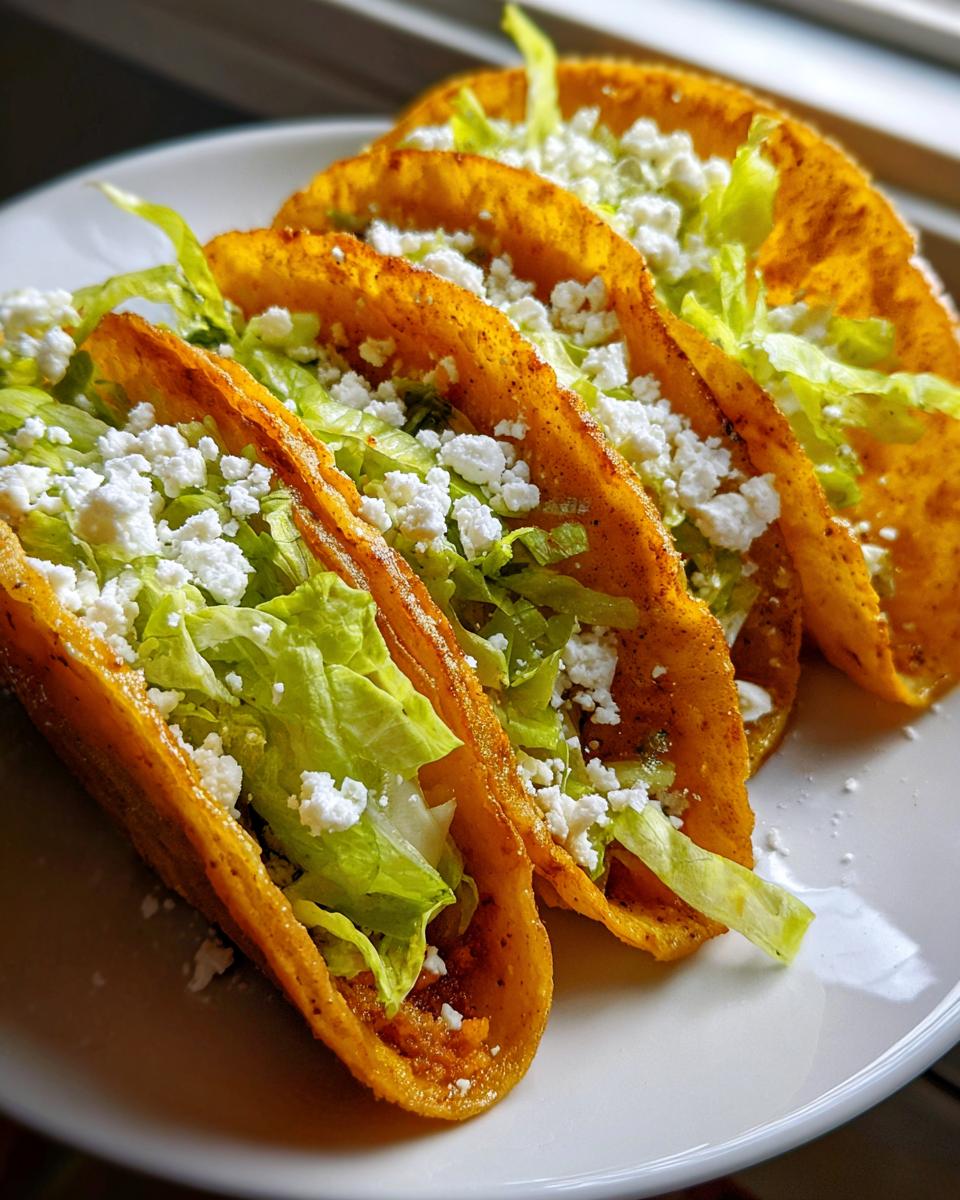Three crispy, orange-hued potato tacos filled with shredded lettuce and crumbled white cheese on a white plate.