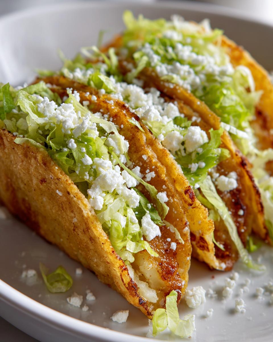 Close-up of three crispy, fried potato tacos filled with potato and topped generously with shredded lettuce and crumbled white cheese.