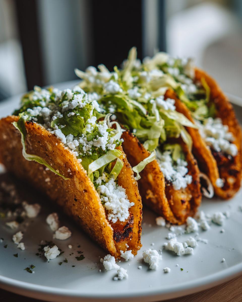 A close-up of three crispy, golden-brown potato tacos topped generously with shredded lettuce and crumbled white cheese.