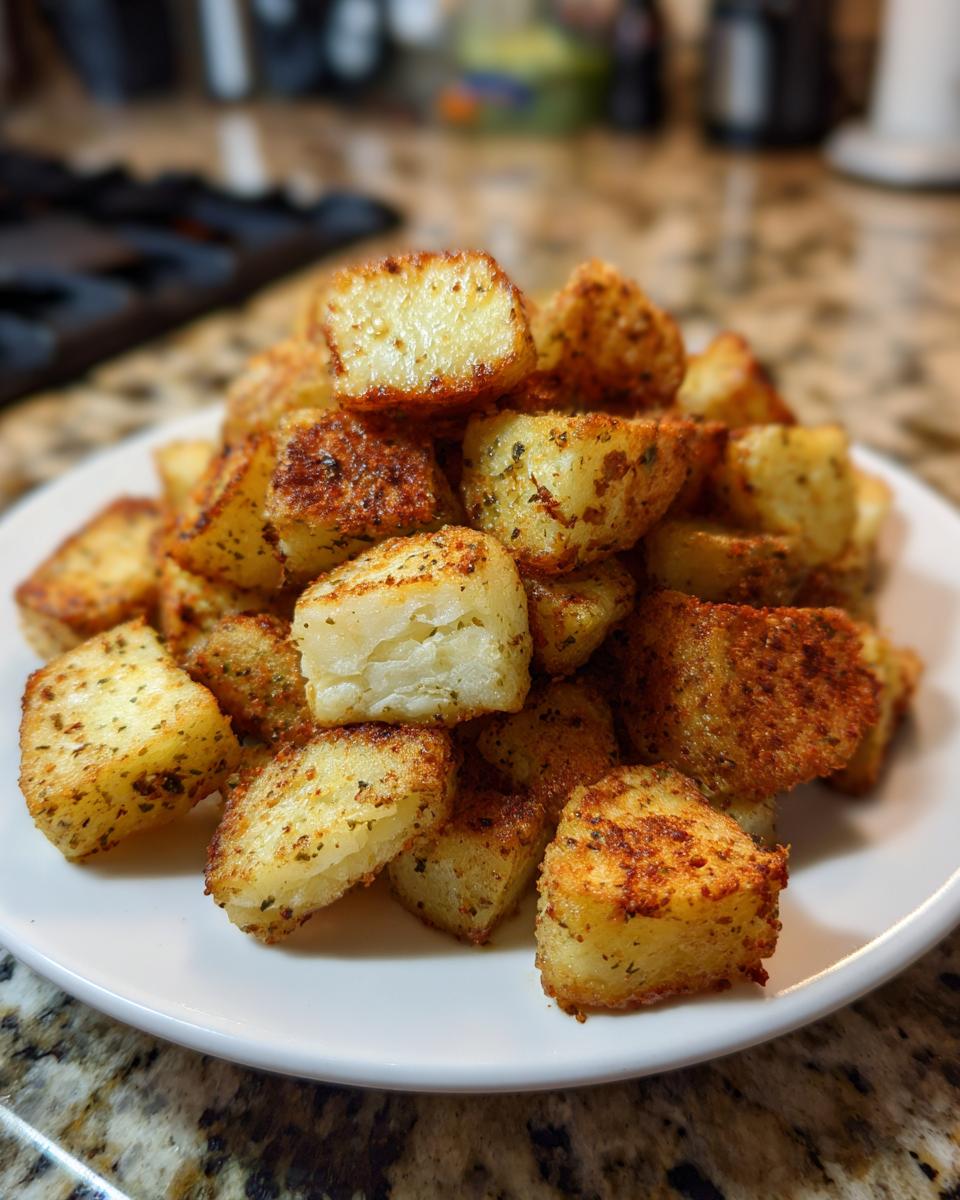 A mound of golden-brown, crispy seasoned breakfast potatoes piled high on a white plate.