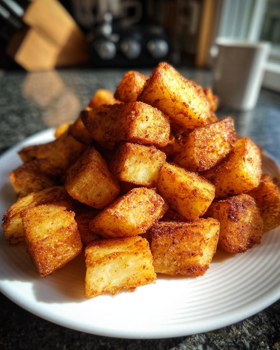 A close-up pile of golden brown, seasoned breakfast potatoes served on a white plate.