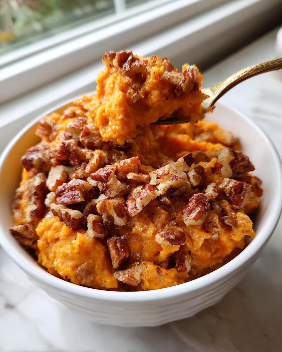 A spoonful of bright orange crockpot sweet potato casserole topped generously with chopped pecans being lifted from a white bowl.