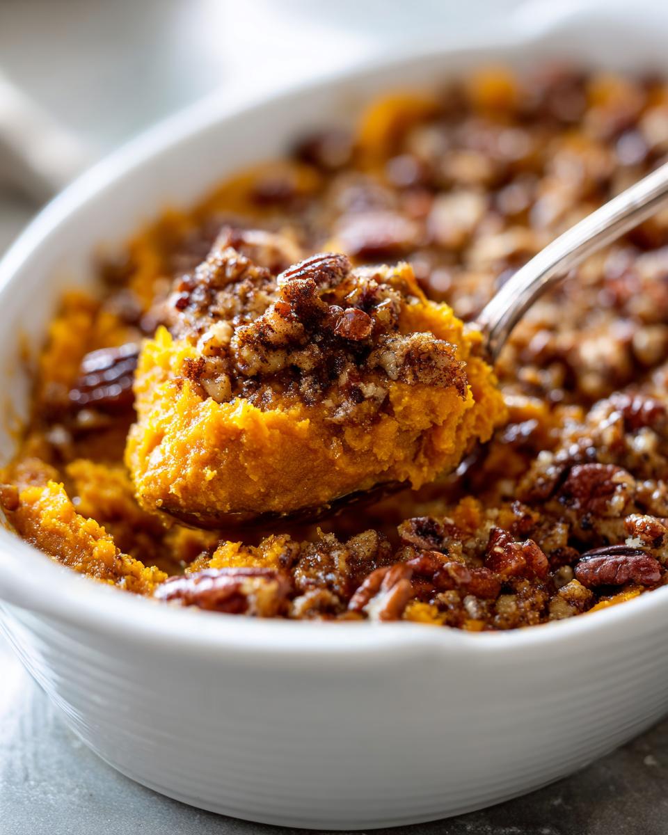 A spoonful of creamy crockpot sweet potato casserole topped with a crunchy pecan streusel topping being lifted from a white dish.