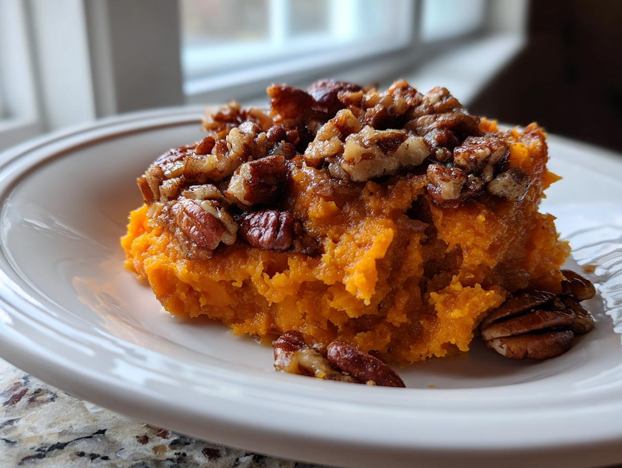 A close-up serving of bright orange crockpot sweet potato casserole topped generously with glazed pecans.