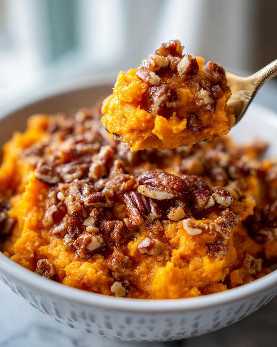 A golden spoon lifting a bite of bright orange crockpot sweet potato casserole topped with crunchy pecans.