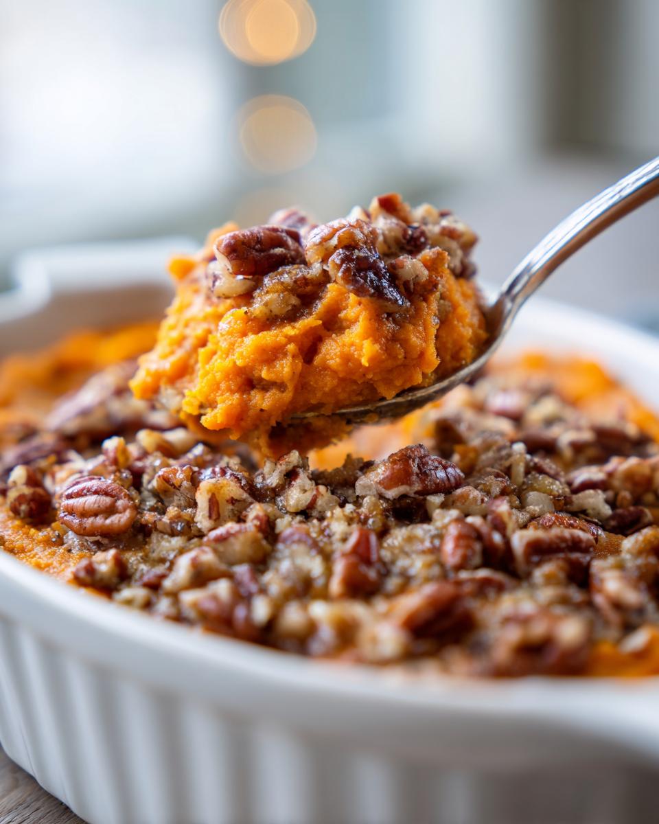 A spoonful of creamy crockpot sweet potato casserole topped generously with crunchy pecans being lifted from the dish.