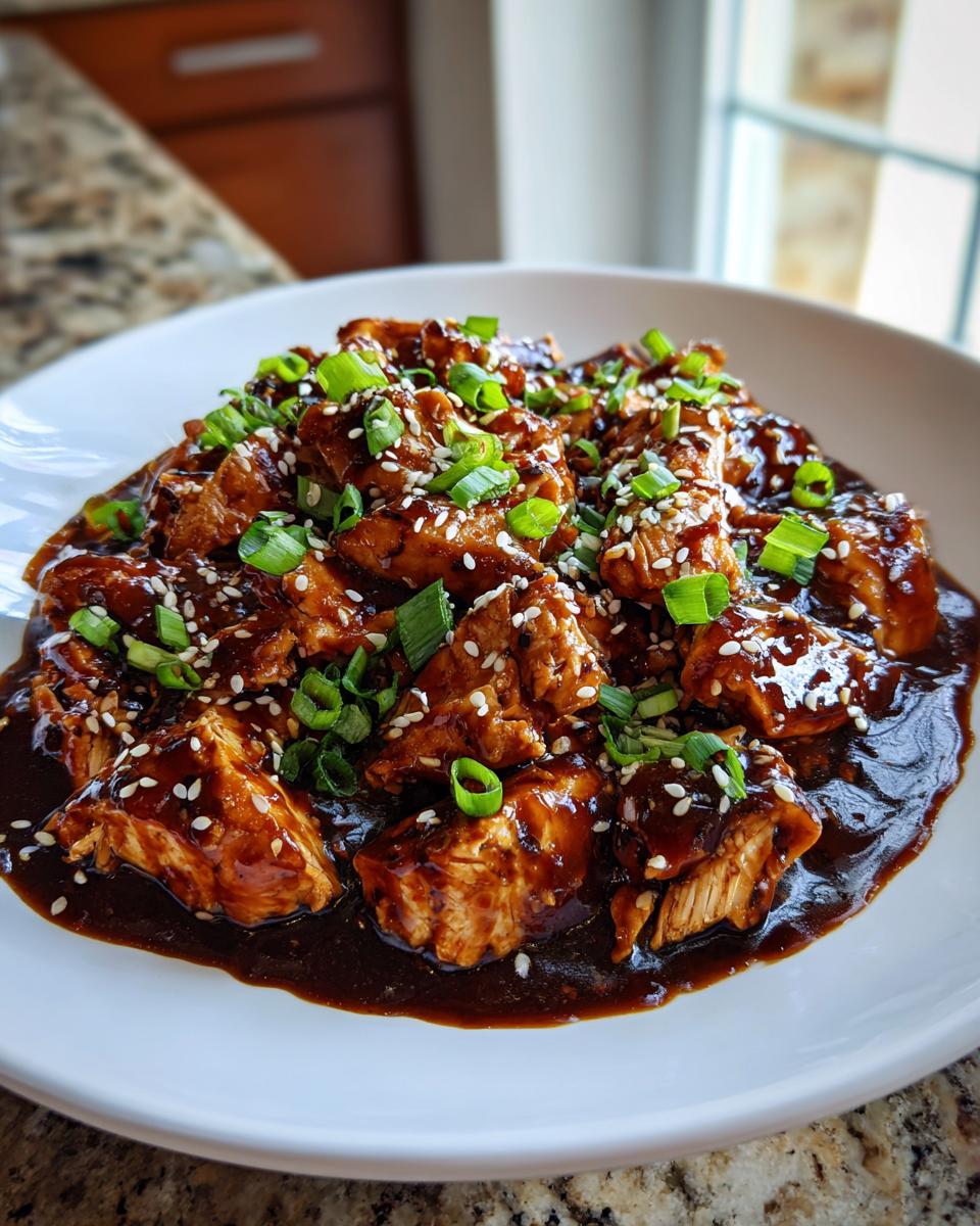 Close-up of glossy crockpot teriyaki chicken pieces coated in dark sauce, topped with green onions and sesame seeds.