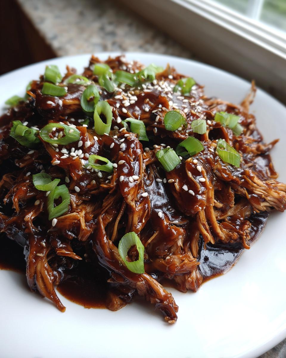 Close-up of shredded crockpot teriyaki chicken coated in dark sauce, topped with green onions and sesame seeds.
