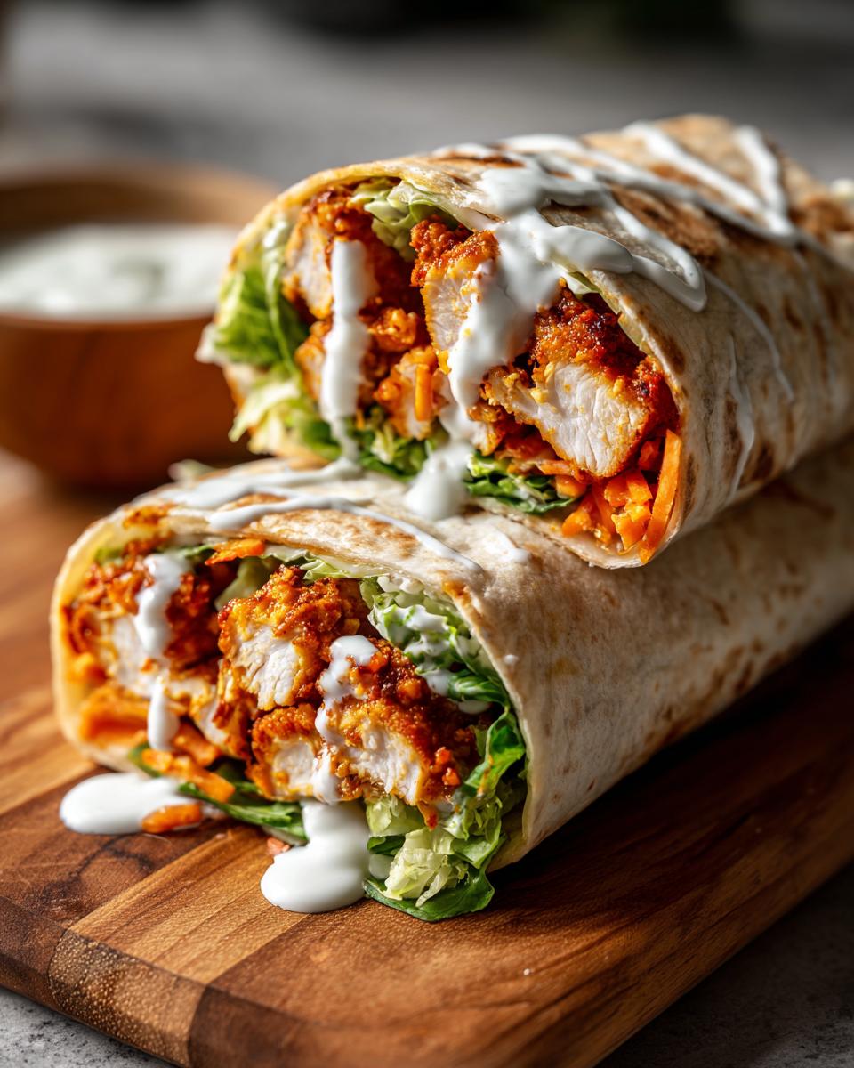 Close-up of a sliced buffalo chicken wrap showing crispy chicken, lettuce, carrots, and drizzled with white ranch dressing.