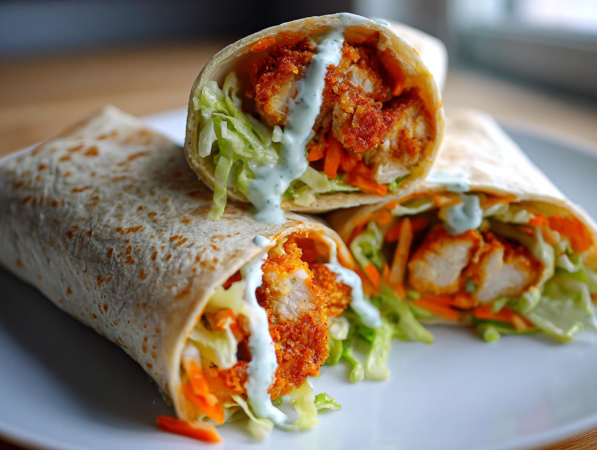 Close-up of two halves of a buffalo chicken wrap filled with crispy chicken, lettuce, carrots, and drizzled with ranch sauce.