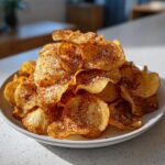 A tall pile of golden, homemade potato chips seasoned with salt and spices on a white plate.