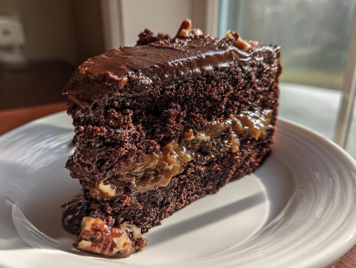 A rich slice of german chocolate cake with gooey filling and chocolate frosting, sitting on a white plate.