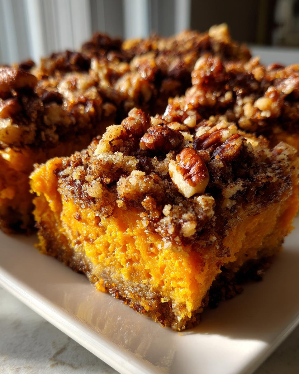 Close-up of a rich, orange slice of easy sweet potato casserole topped with crunchy brown sugar and pecan crumble.