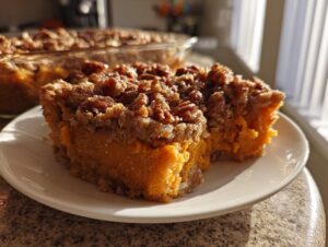 Two servings of easy sweet potato casserole with a thick, crunchy pecan streusel topping on a white plate.