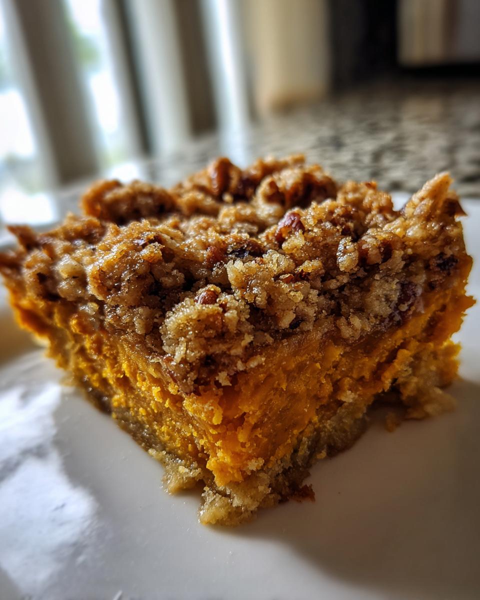 Close-up of a square slice of easy sweet potato casserole featuring a bright orange filling and a thick, crunchy pecan streusel topping.