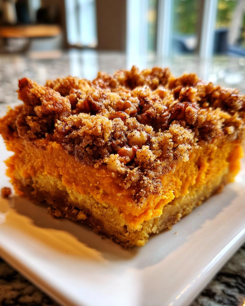 Close-up of a square slice of easy sweet potato casserole featuring a bright orange filling and a crunchy brown sugar pecan crumble topping.