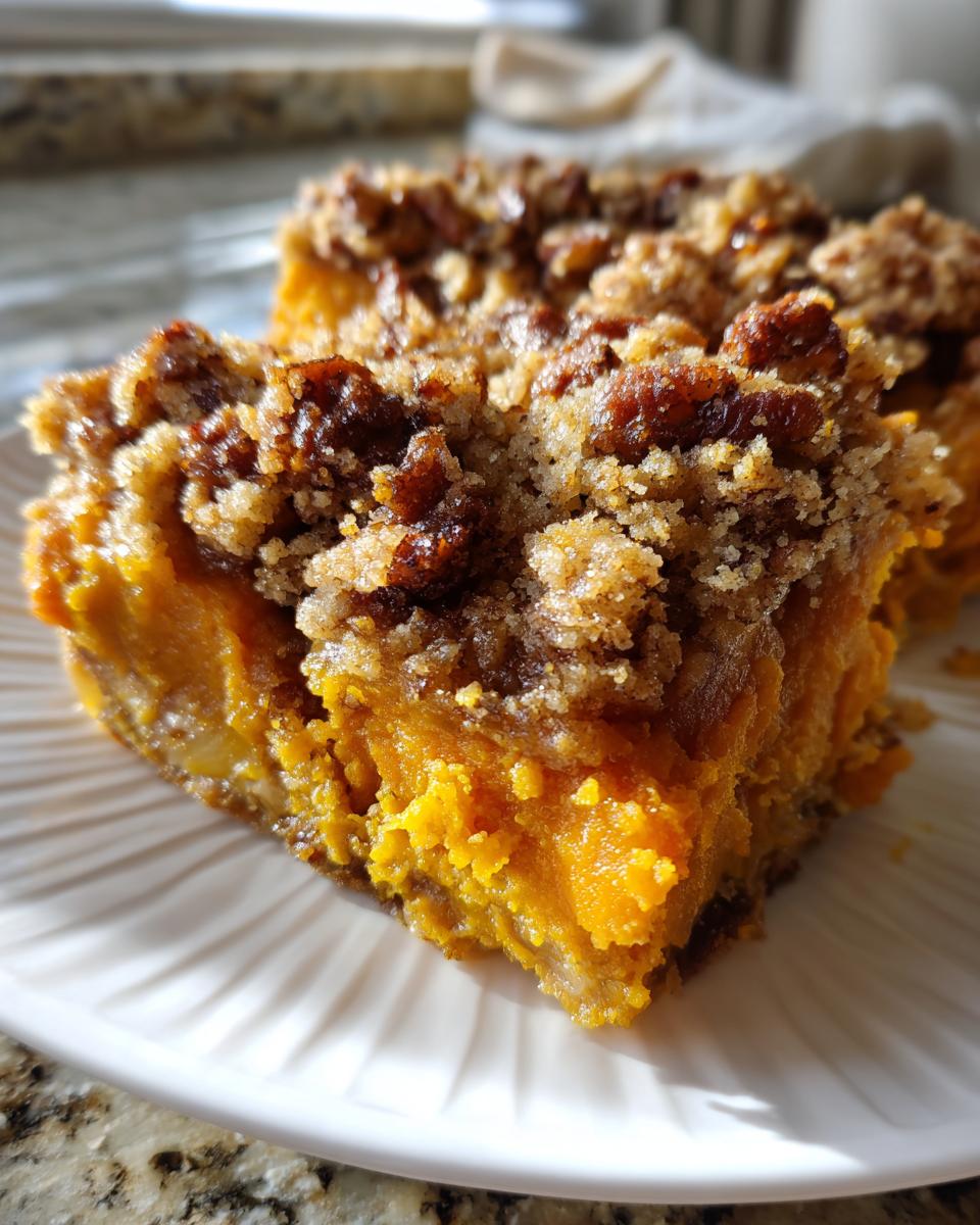 Close-up of a rich, orange slice of easy sweet potato casserole topped with a crunchy brown sugar and pecan streusel.