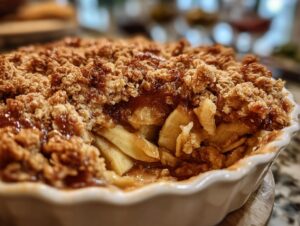 Close-up of a freshly baked apple crisp recipe showing tender baked apples beneath a crunchy, golden brown oat topping.