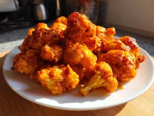 A pile of golden-orange, crispy buffalo cauliflower bites served on a white plate, catching bright sunlight.