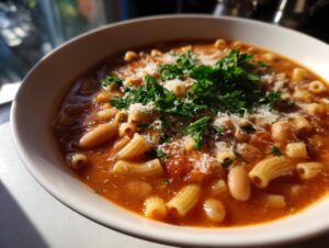 Close-up of a steaming bowl of rich tomato-based pasta fagioli, topped with grated cheese and fresh parsley.