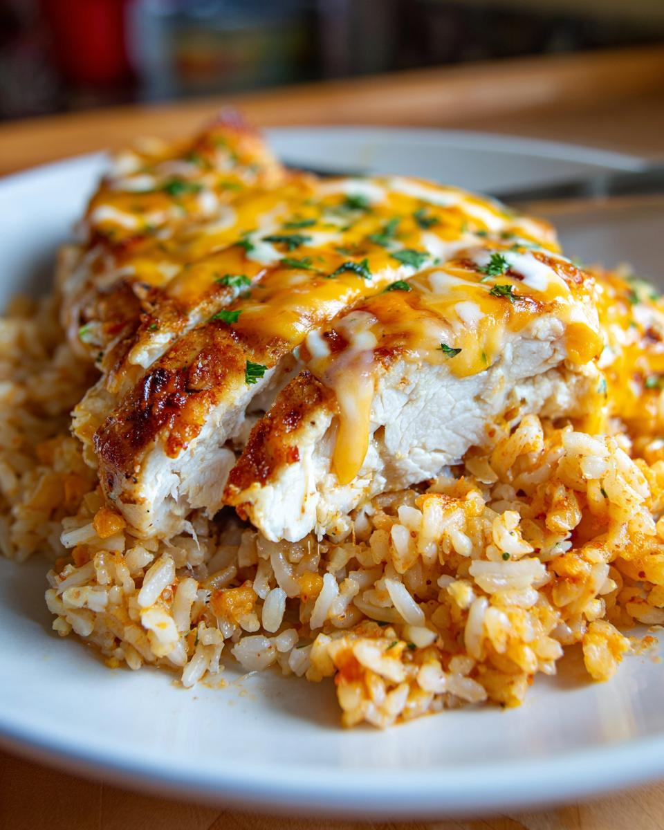 Close-up of sliced fiesta lime chicken topped with melted cheese and parsley over seasoned rice.