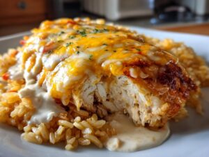 A cross-section of tender Fiesta Lime Chicken topped with melted cheddar and Monterey Jack cheese, served over seasoned rice.
