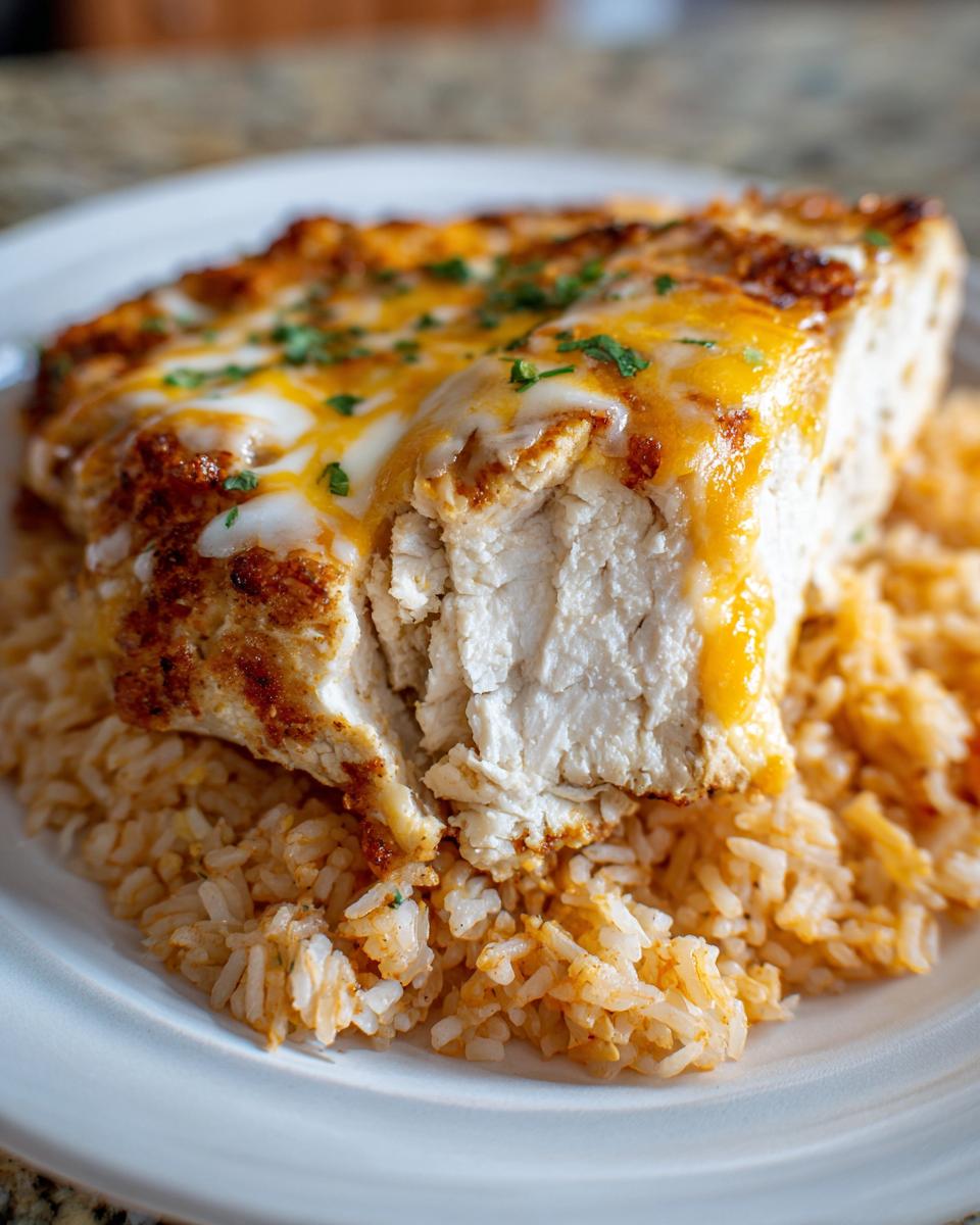 Close-up of a thick slice of Fiesta Lime Chicken topped with melted cheddar and Monterey Jack cheese, served over Spanish rice.