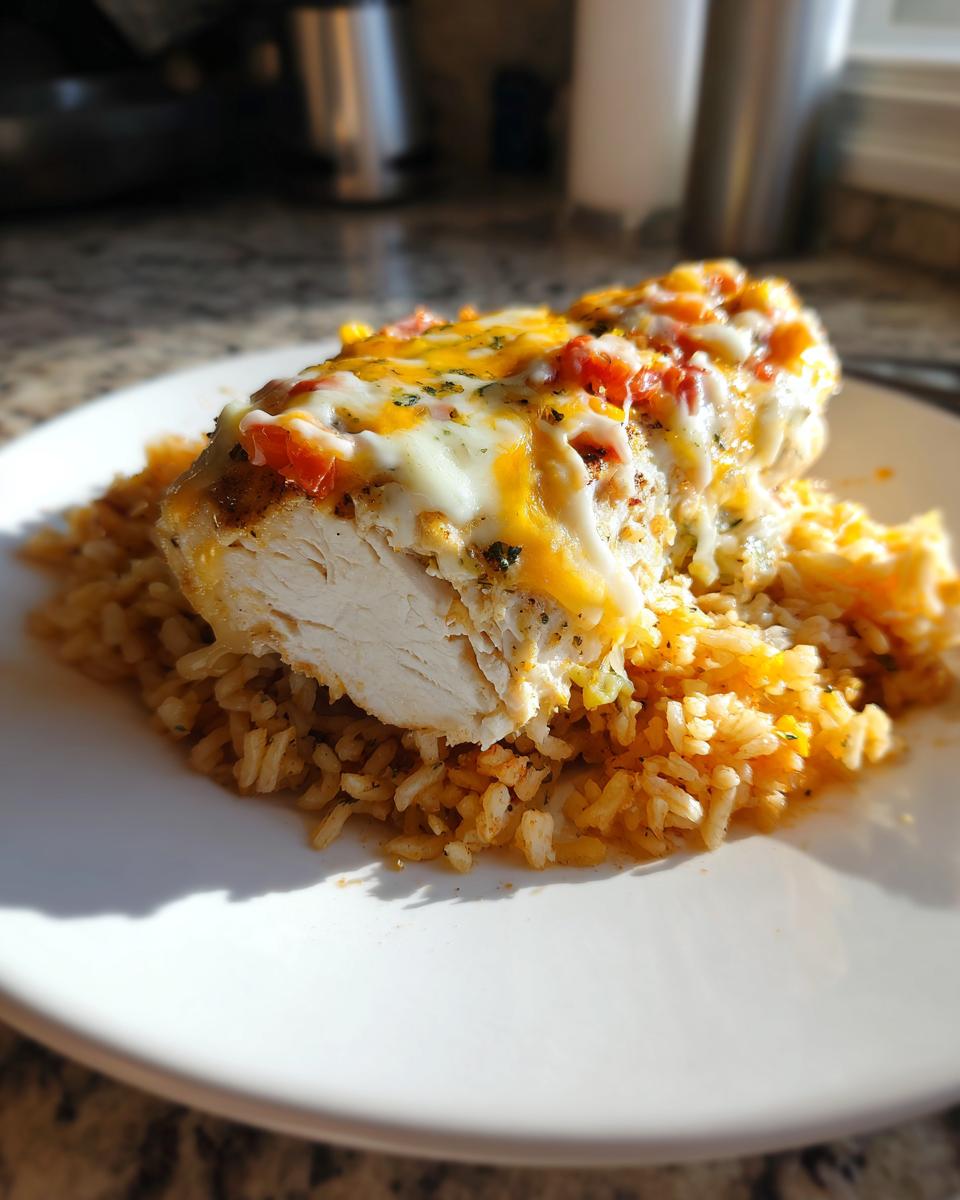 A cross-section of Fiesta Lime Chicken breast topped with melted white and cheddar cheese and salsa, served over Spanish rice.