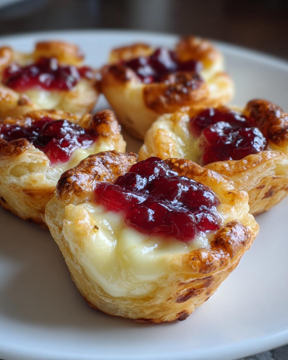 Close-up of golden baked brie bites made with puff pastry, melted brie cheese, and topped with bright red jam.
