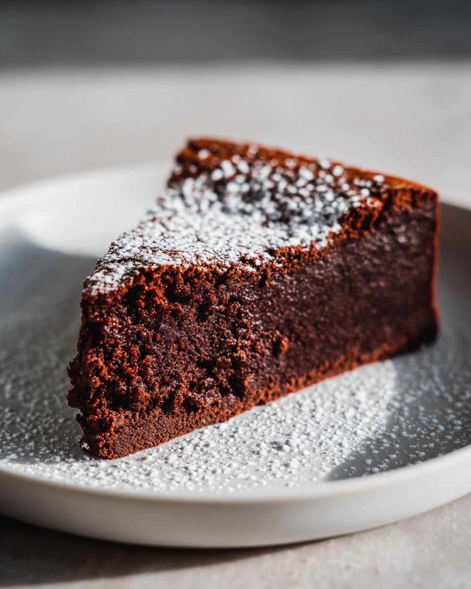 A decadent slice of flourless chocolate cake dusted generously with powdered sugar, served on a white plate.