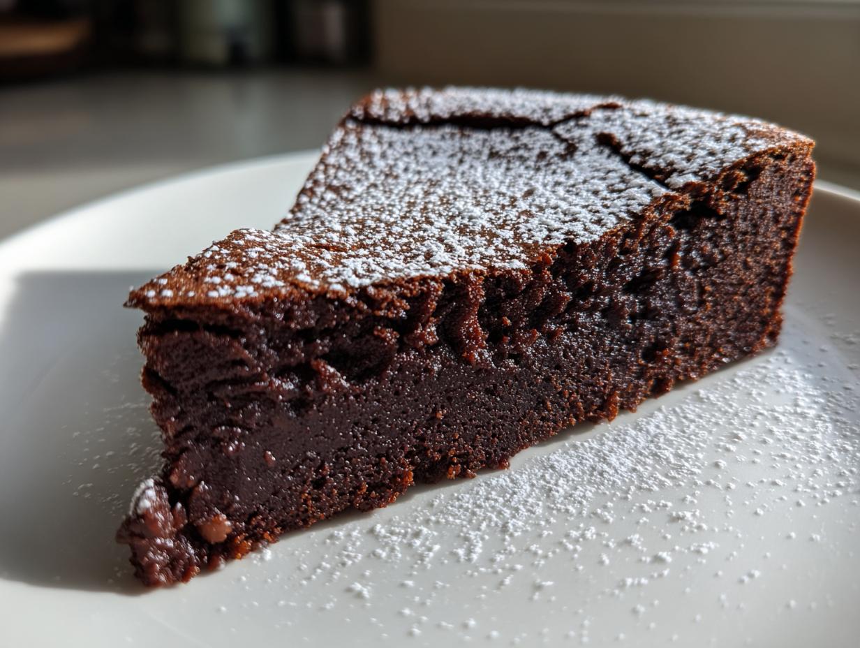 A rich, dark slice of flourless chocolate cake dusted lightly with powdered sugar on a white plate.