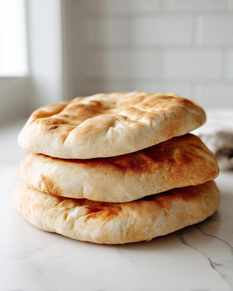 A stack of three fluffy, golden-brown homemade pita bread rounds resting on a white marble counter.
