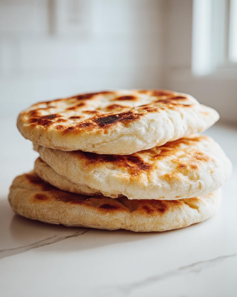 A stack of three freshly cooked, fluffy pita bread rounds with golden-brown charred spots.